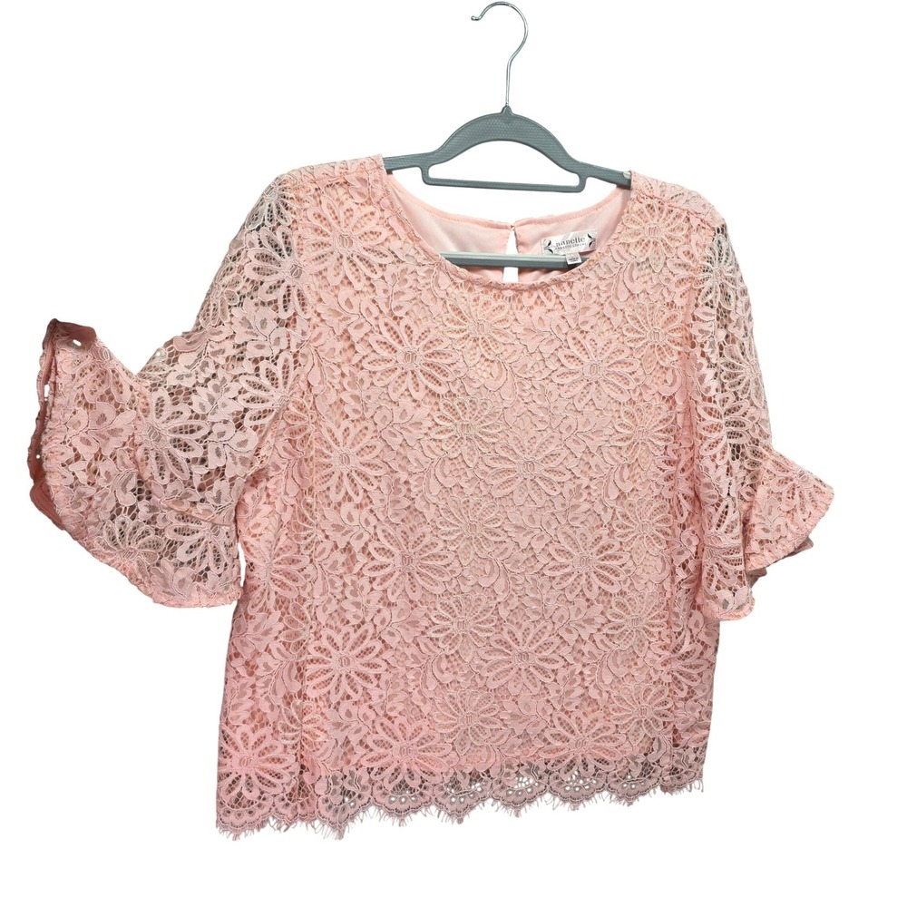 Nanette Lepore Floral Blouse Lace Flutter Sleeve Top Womens L Pink Coquette Glam